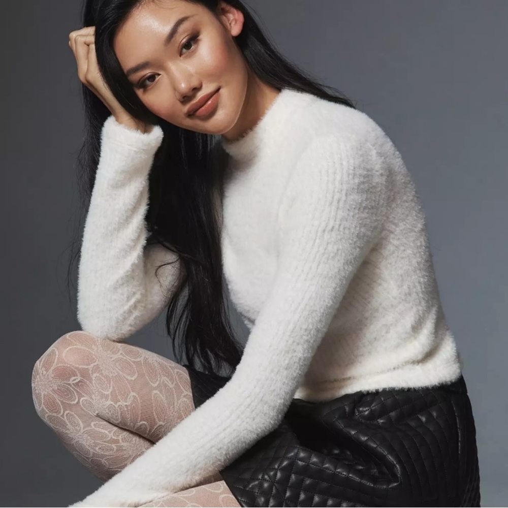 Anthropologie Mock Neck XS Cozy White Fuzzy Sweater